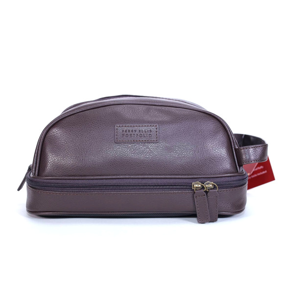 Perry Ellis Portfolio Dome Toiletry Faux Leather Travel Bag - Brown - NWT - Picture 1 of 11